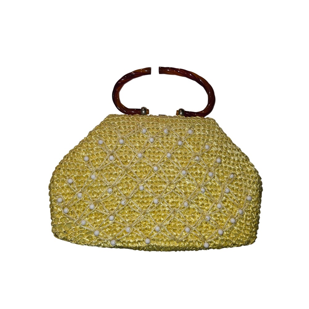 Vintage Garay Yellow Straw Handbag Lucite Tortoise Handles‎ Beaded Woven Bag